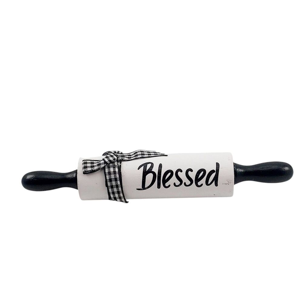 Kitchen Decor "Blessed"  Black & White Gingham 7" Decorative Wooden Rolling Pin